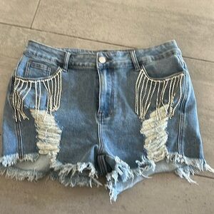 Women Mid Rise Ripped Stretchy Jeans Frayed Raw Hem Casual Tassels Denim Shorts